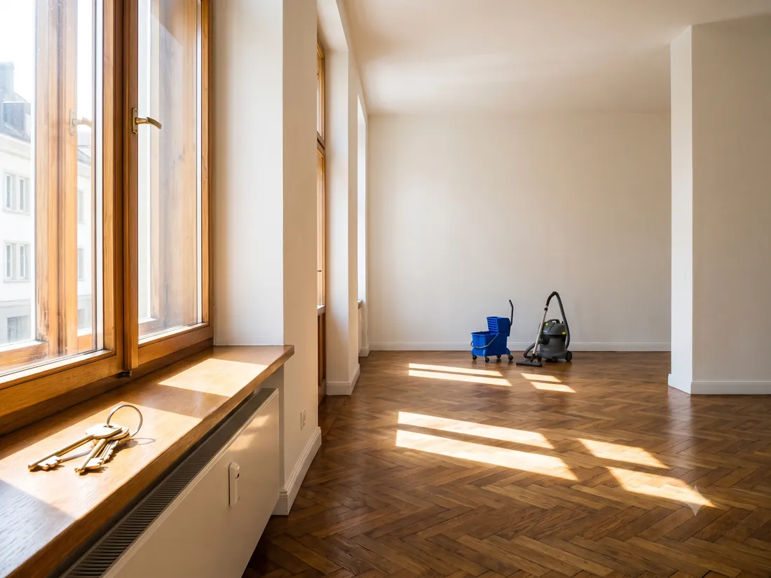 Leere, frisch gereinigte Berner Altbauwohnung mit Fischgrätparkett; auf dem Fenstersims liegt der Wohnungsschlüssel bereit für die Übergabe